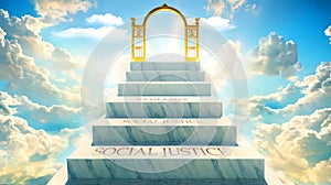 Social justice as stairs to reach out to the heavenly gate for reward, success and happiness.Social justice elevates and