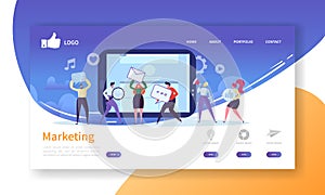 Social Marketing Landing Page Template. Website Layout with Flat People Characters Advertising. Easy to Edit