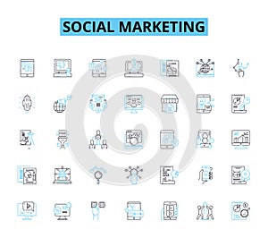 Social marketing linear icons set. Awareness, Engagement, Influence, Persuasion, Viral, Shareable, Branding line vector