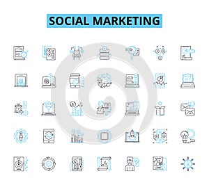 Social marketing linear icons set. Awareness, Engagement, Influence, Persuasion, Viral, Shareable, Branding line vector