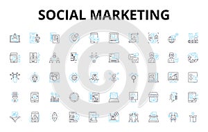 Social marketing linear icons set. Awareness, Engagement, Influence, Persuasion, Viral, Shareable, Branding vector