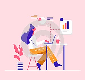 Social media concept. Modern vector minimalistic illustration. The girl is engaged in analytics on the computer.