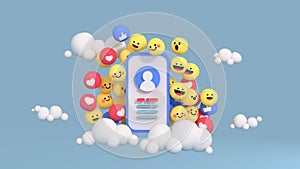 Social media account profile and unique design emojis 3D render illustration