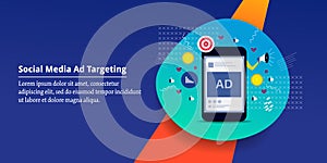 Social media ad targeting, digital ad displaying on mobile device via social networking channel. Re-targeting concept.