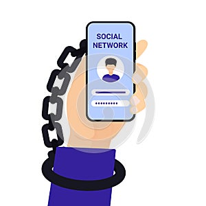 Social media addiction man hand, phone, handcuffs