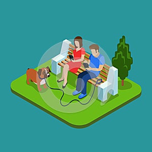 Social media addiction. Young couple in park with smartphones. 3d isometric people concept