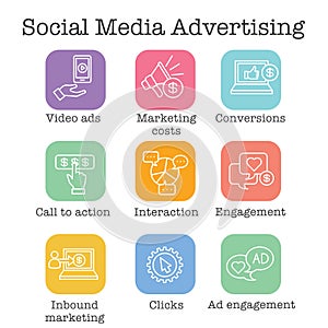 Social Media Ads Icon Set with video ads, user engagement, etc