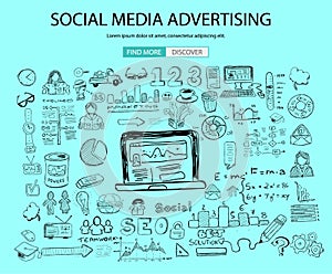 Social Media Advertising concept with Doodle design style: online solution