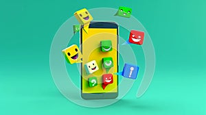 social media advertising mobile phone with posts and emojis with simple green background ai generated