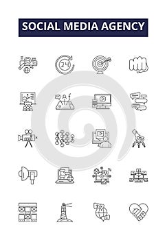 Social media agency line vector icons and signs. Media, Agency, Digital, Marketing, Strategies, Platforms, Consultancy
