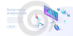 Social media analysis concept in vector illustration. User or follower activity and network statistics. Creative website layout or