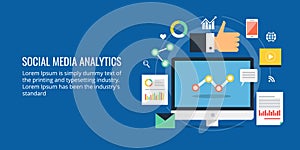 Social media analytics - Social media data analysis - digital marketing analysis. Flat design social media banner.