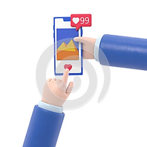 Social media app,press the button like images. Hand holding mobile smart phone. Smartphone with interface social network