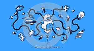 Social media automation isometric banner. SEO