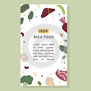 Social media Banner of iron rich food sources. Story template with various sources of iron. Background pattern with