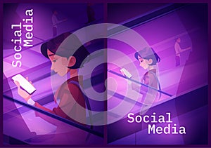 Social media banners with girl using mobile phone