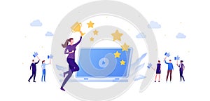 Social media blogger and online education cource concept. Vector flat person illustration. Female with trophy success symbol.