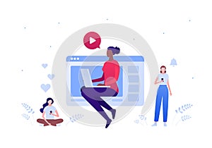 Social media blogger and telework concept. Vector flat person illustration. Group of multiethnics female with laptop and smart