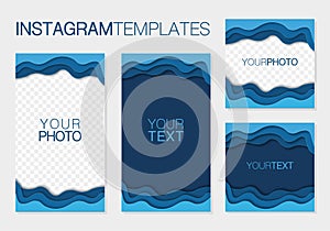 Social media blue templates. Paper cut style for insta story. Abstract shapes banners for posts and stories