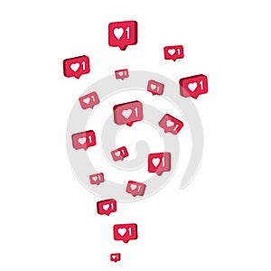 Social media bubble with heart. Like 3d icon. Emoji reaction. Love element. Comment button. Share tag. Notice people
