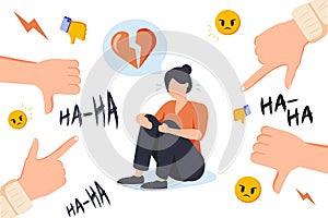 Social media bullying. Haters pointing fingers frim monitor at victim  laughing at crying girl. Flat vector illustration