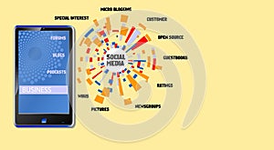 Social media business concept w. smartphone and commuication diagram,vector illustration. Fictional vector