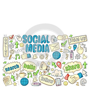 Social media, business, management vector icons. Internet marketing, communications.