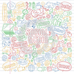 Social media, business, management vector icons. Internet marketing, communications.