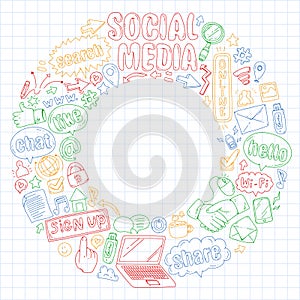 Social media, business, management vector icons. Internet marketing, communications.