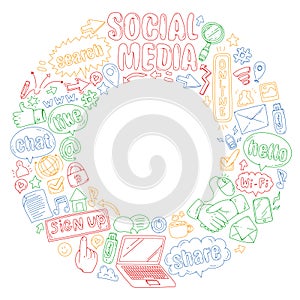 Social media, business, management vector icons. Internet marketing, communications.