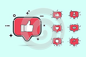 Social media button set with red color. Social button with like, love, comment, view, share and follow icon. Stylish red color