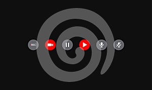 Social media buttons. Set of icons for Video streaming platform. Recording, camera, play. pause, mute, unmute microphone