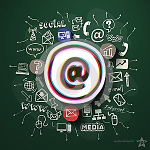 Social media collage with icons on blackboard