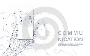 Social media communication concept. Hand holding smartphone with human community icons on world map. Connection network technology
