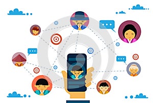 Social Media Communication And Connection Concept With Hand Holding Smart Phone And Asian People Avatars Chatting