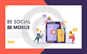 Social Media Communication Technology Characters Landing Page Templpate. Group of Flat People Chat in Mobile and Tablet