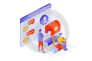 Social media concept in 3d isometric design. People connecting online, sending emails with virtual mailbox, chatting with audio