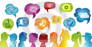 Social media concept. Communication group of different people. Multi-ethnic people who talk. Symbols and signs application icons.