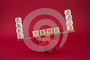 Social media concept. Corona virus fake news concept. Scale on red background