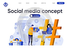 Social media concept flat landing page. Marketing team creating quality video content for social media vector