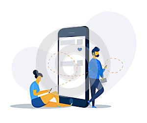 Social media concept.Men and women are standing near big smartphone and using smart phones.Vector 3d isometric illustration.