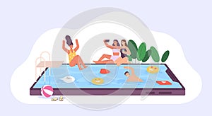 Social media concept with people swim in phone pool. Smartphone influence, online messages and apps. Social networks