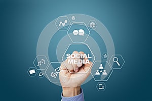 Social media concept on virtual screen. SMM. Marketing. Communication and internet technology.