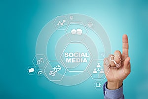 Social media concept on virtual screen. SMM. Marketing. Communication and internet technology.