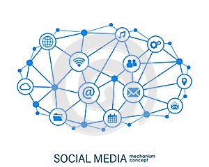 Social media connection concept. Abstract background with integrated circles and icons for digital, internet, network