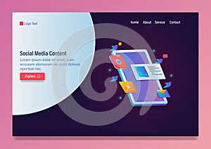 Social media content, engaging content displaying on mobile device, vector web template with icons and text.