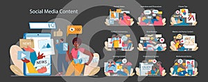 Social Media Content set. Diverse online interactions and digital engagement.
