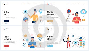 Social media content strategy, vision, online data and tiny people with magnifying glass