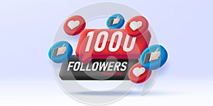 Social Media Counter with 1 thousand followers, digital icon badge with likes as hand with thumb up and hearts