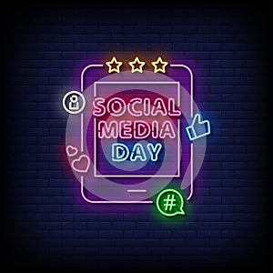 social media day neon Sign on brick wall background